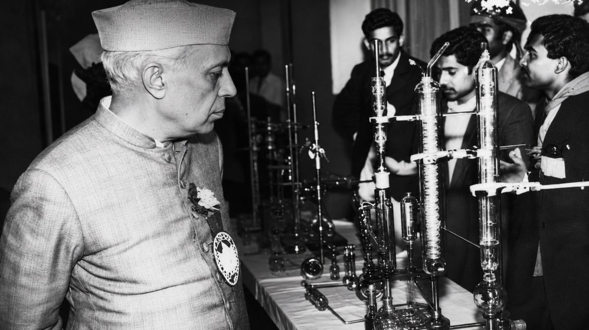 popular-traders-nehru-visit-c Pt. Jawaharlal Nehru viewing scientific glass apparatus